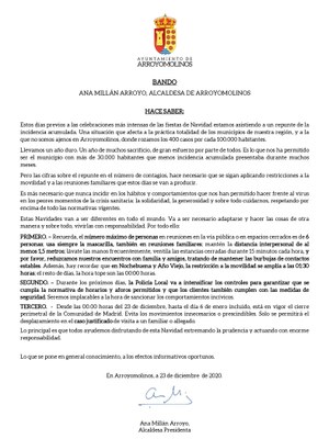 El Ayuntamiento de Arroyomolinos recuerda en un bando a los vecinos la necesidad de respetar las normas de seguridad ante el repunte en los contagios