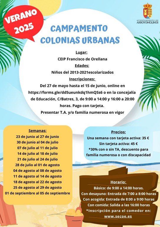 Inscripciones Campamento de Colonias Urbanas 2025 - Arroyomolinos