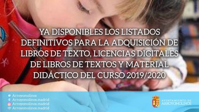 Publicados los listados definitivos de admitidos y excluidos de las solicitudes para la adquisición de libros de texto, licencias digitales de libros de textos y material didáctico del Curso Escolar 2019/2020.