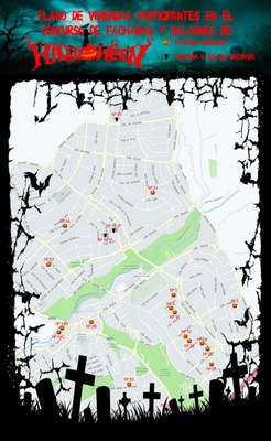 Plano y listado de las casas que se han presentado a nuestro Concurso de Decoración de Viviendas de Halloween 2022.