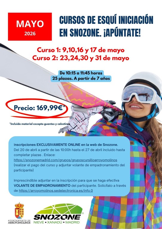 Aprende a esquiar este mayo con los cursos de iniciación del Ayuntamiento de Arroyomolinos y Snozone