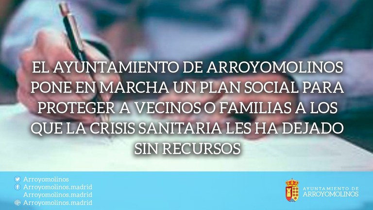 El Ayuntamiento de Arroyomolinos pone en marcha un Plan Social para proteger a vecinos o familias a los que las crisis sanitaria les ha dejado sin recursos