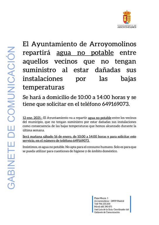 El Ayuntamiento repartirá agua no potable entre los vecinos que no tengan suministro al estar dañadas sus instalaciones por las bajas temperaturas