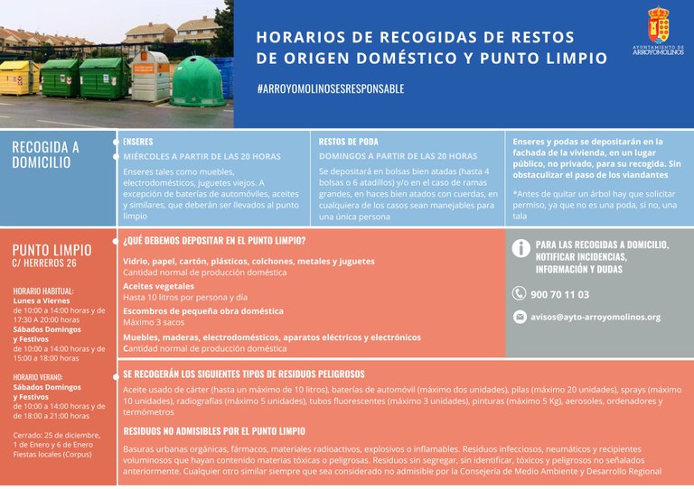  Horarios de recogidas de restos de origen doméstico y punto limpio