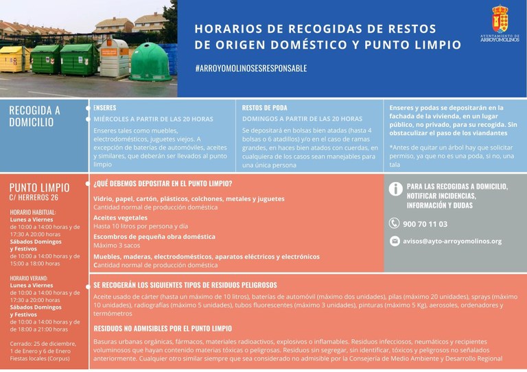 Recordamos los horarios de recogidas de restos de origen doméstico y punto limpio