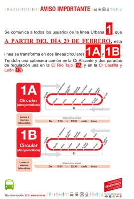 A partir del 20 de febrero la L1 urbana circulará en doble sentido, con 33 expediciones entre las 06:30 y las 22:30 horas. El nuevo recorrido dará cobertura a servicios municipales como el nuevo Centro de Salud, el Auditorio Municipal o el Ayuntamiento.
