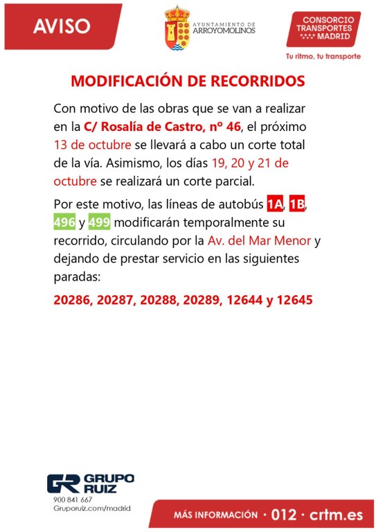 Desvío temporal de las líneas de autobús 1A, 1B, 496 y 499 por obras en la calle Rosalía de Castro