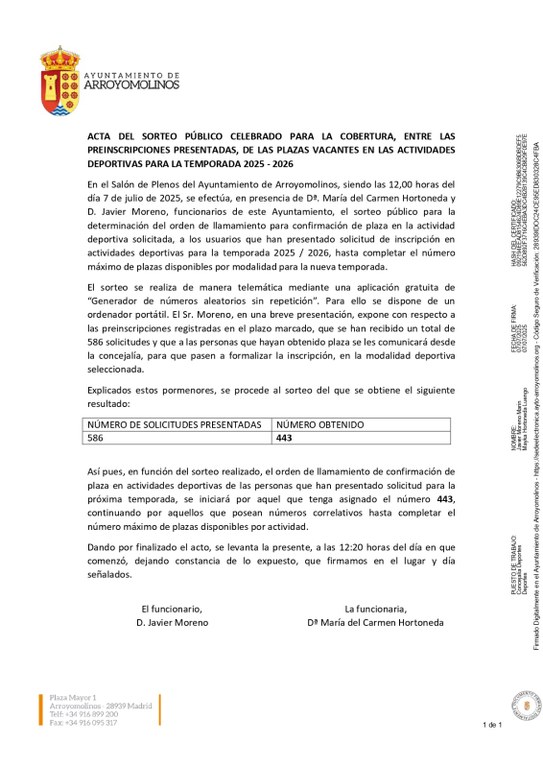 Información sobre el proceso de adjudicación de plazas de las actividades deportivas para la temporada 2025/26